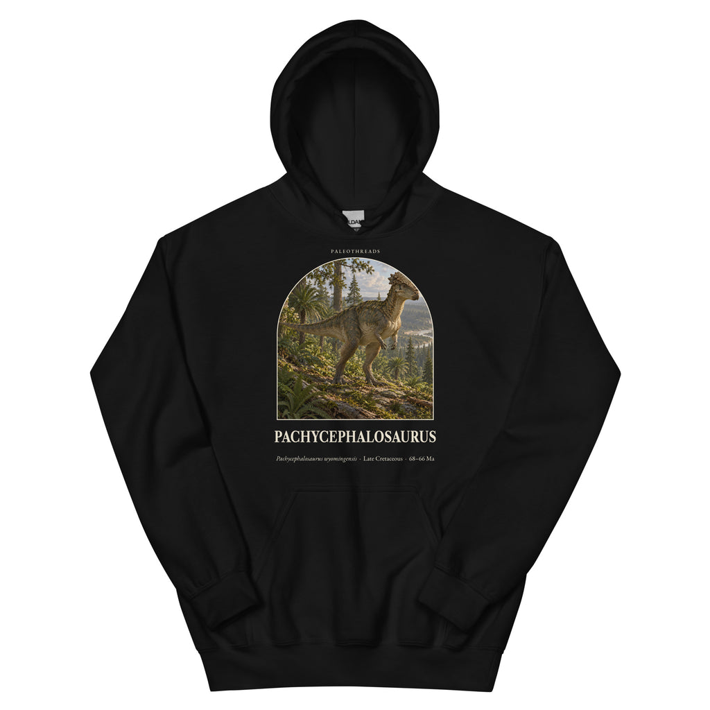 Pachycephalosaurus hoodie in Black — Deep Time Atlas Plate 043, PaleoThreads