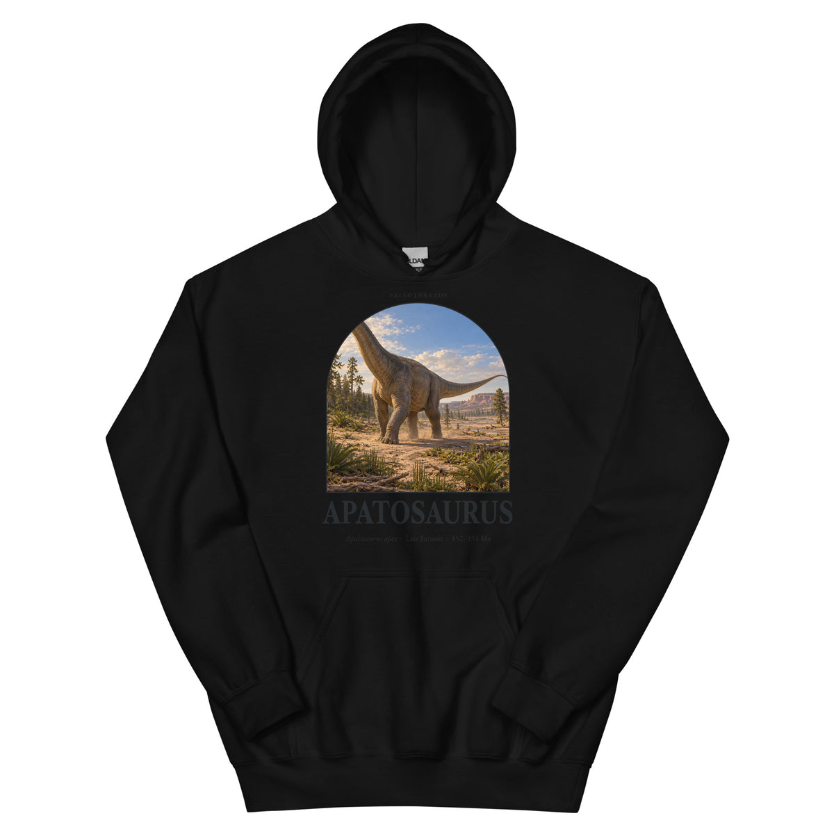 Apatosaurus hoodie in Black — Deep Time Atlas Plate 046, PaleoThreads