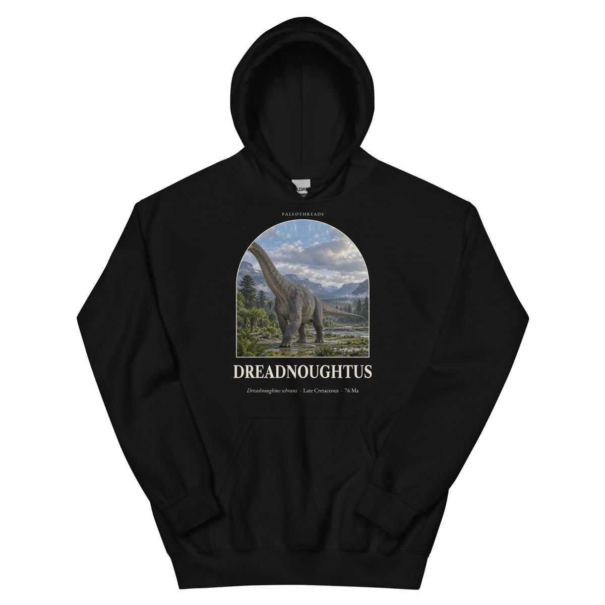 Dreadnoughtus hoodie in Black — Deep Time Atlas Plate 055, PaleoThreads