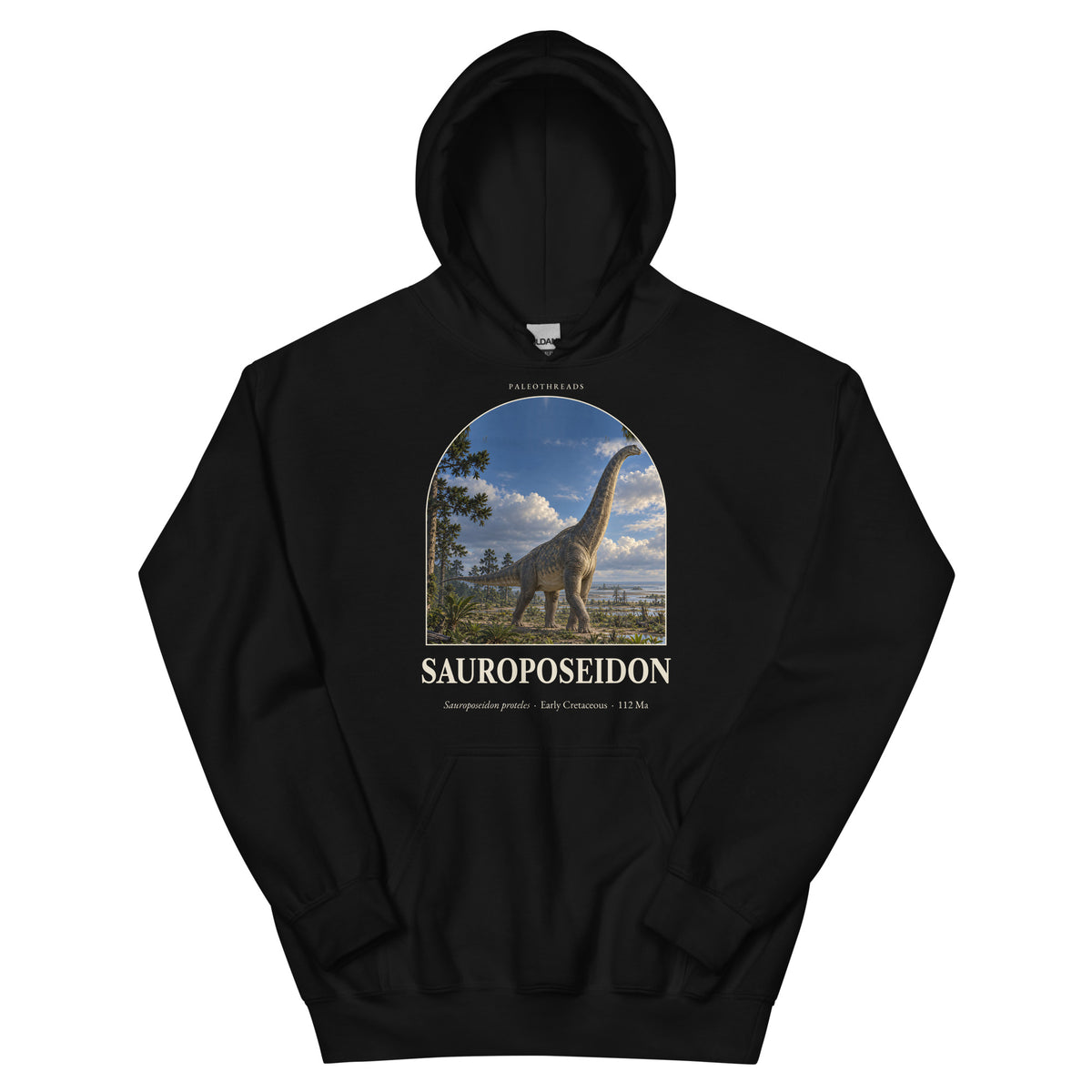 Sauroposeidon hoodie in Black — Deep Time Atlas Plate 057, PaleoThreads