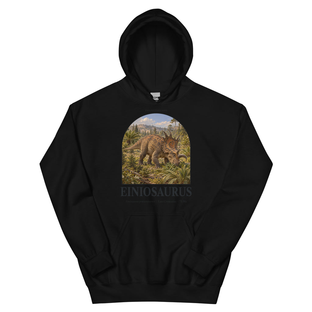 Einiosaurus hoodie in Black — Deep Time Atlas Plate 066, PaleoThreads