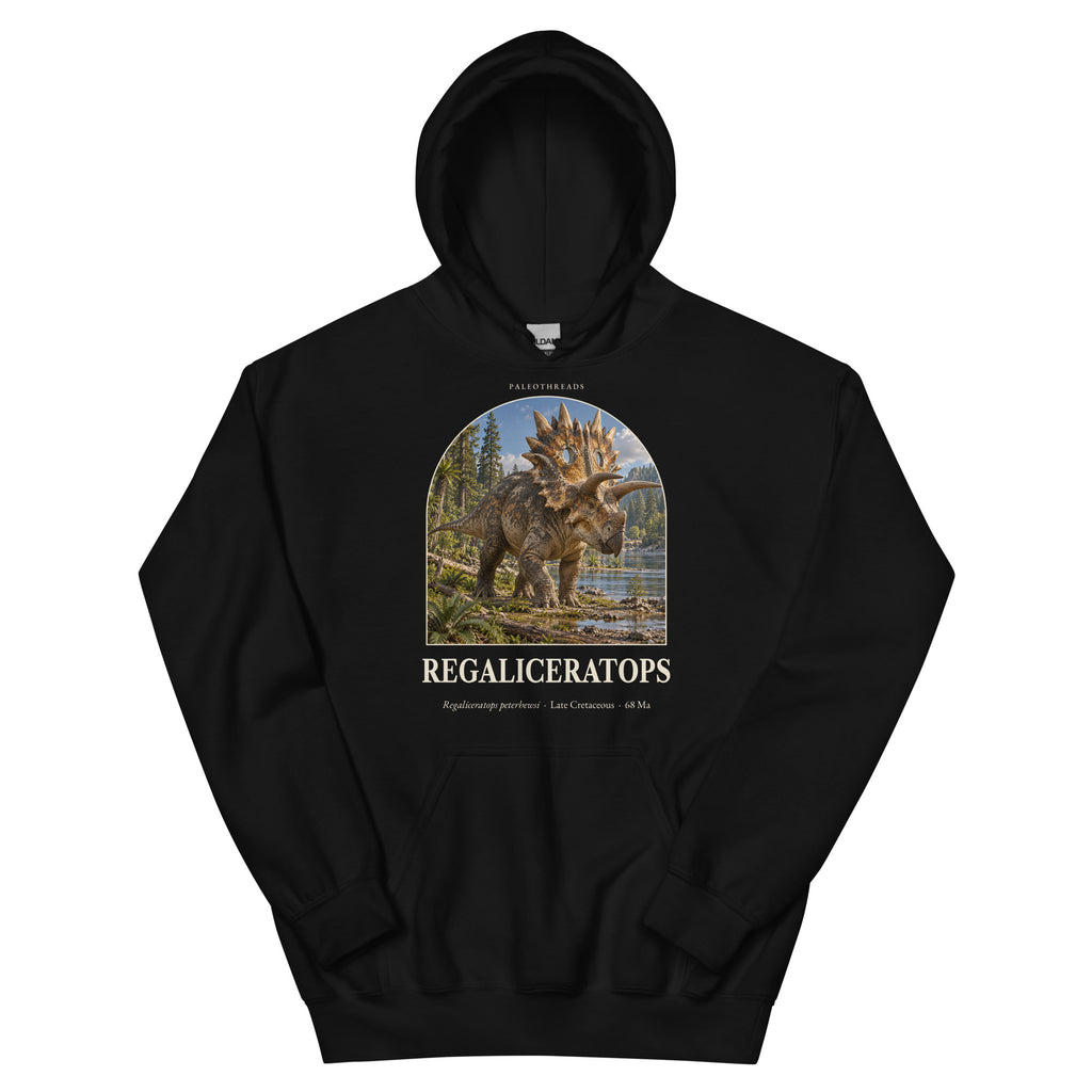 Regaliceratops hoodie in Black — Deep Time Atlas Plate 069, PaleoThreads