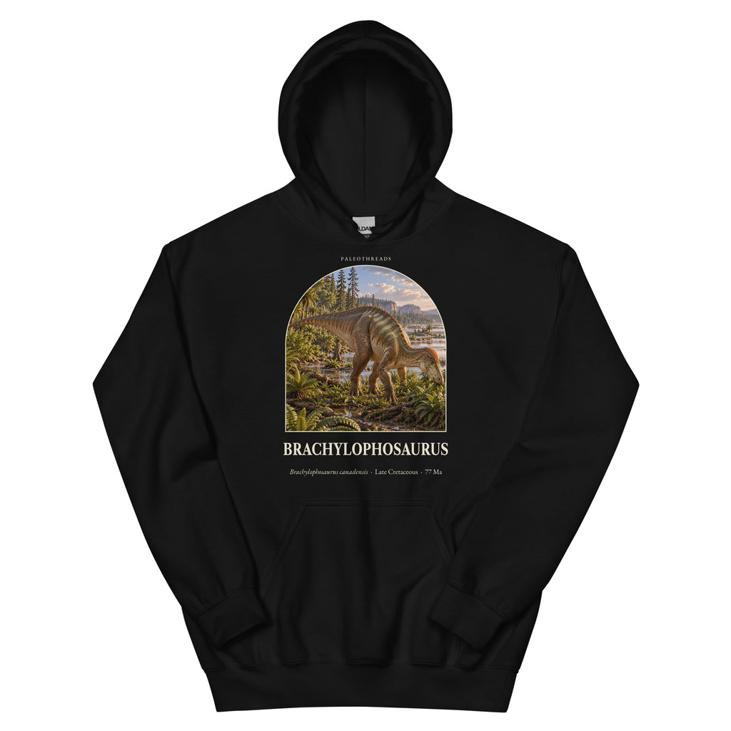 Brachylophosaurus hoodie in Black — Deep Time Atlas Plate 082, PaleoThreads