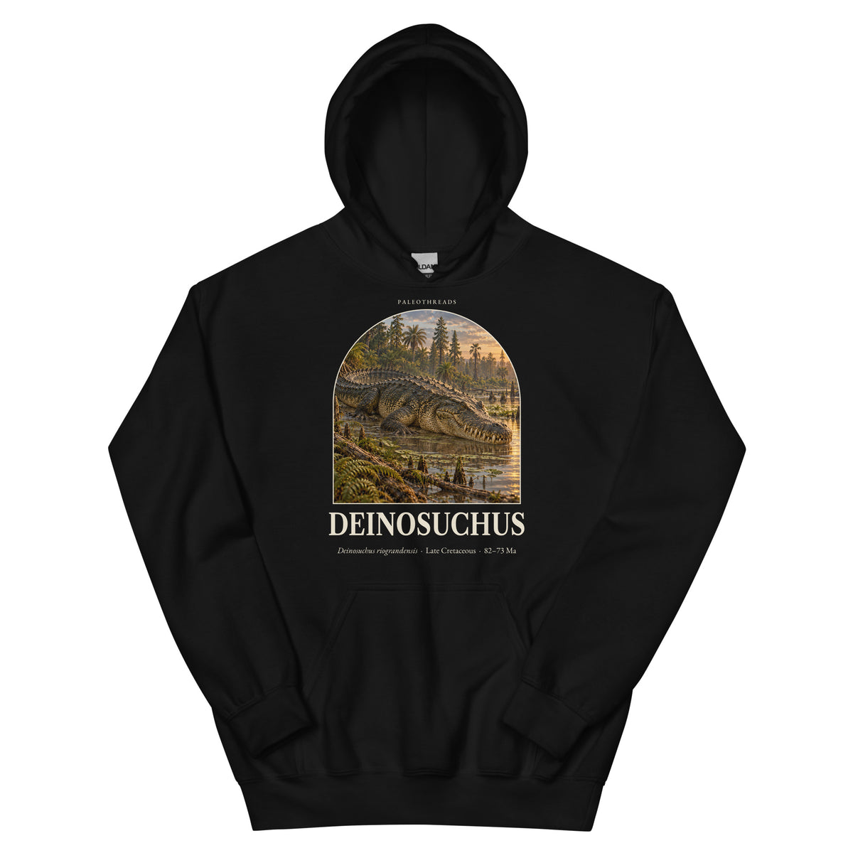 Deinosuchus hoodie in Black — Deep Time Atlas Plate 123, PaleoThreads