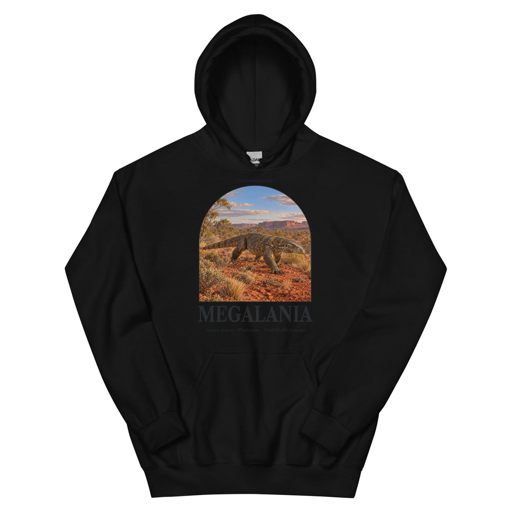 Megalania hoodie in Black — Deep Time Atlas Plate 130, PaleoThreads
