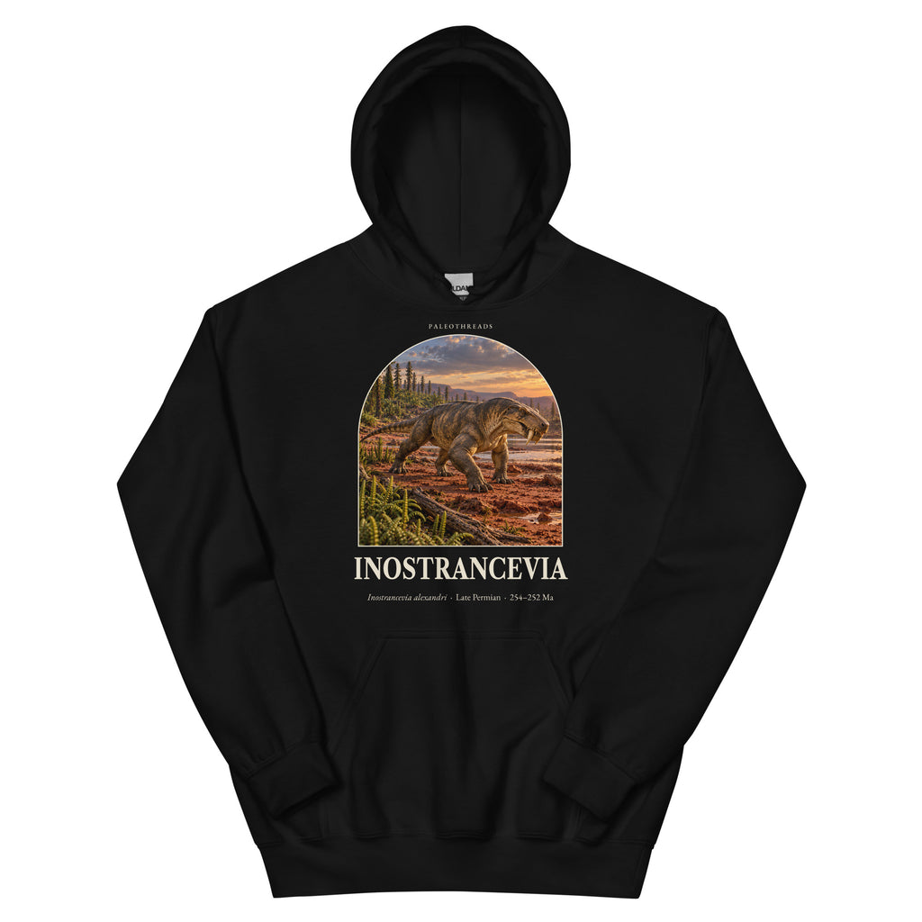 Inostrancevia hoodie in Black — Deep Time Atlas Plate 135, PaleoThreads