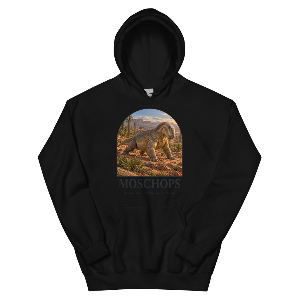 Moschops hoodie in Black — Deep Time Atlas Plate 149, PaleoThreads