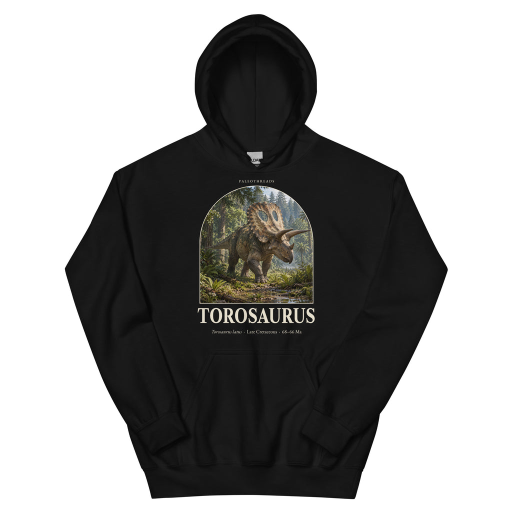 Torosaurus hoodie in Black — Deep Time Atlas Plate 067, PaleoThreads