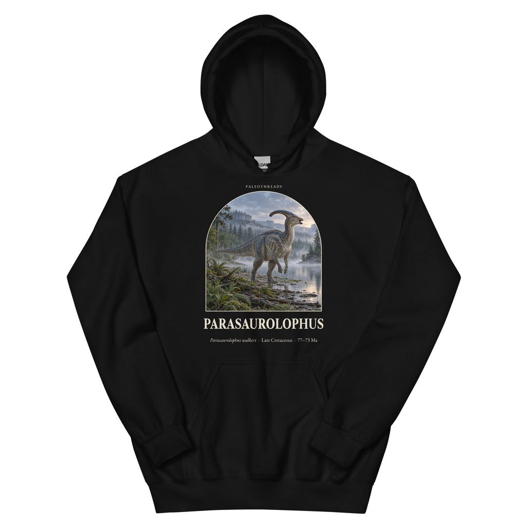 Parasaurolophus hoodie in Black — Deep Time Atlas Plate 071, PaleoThreads