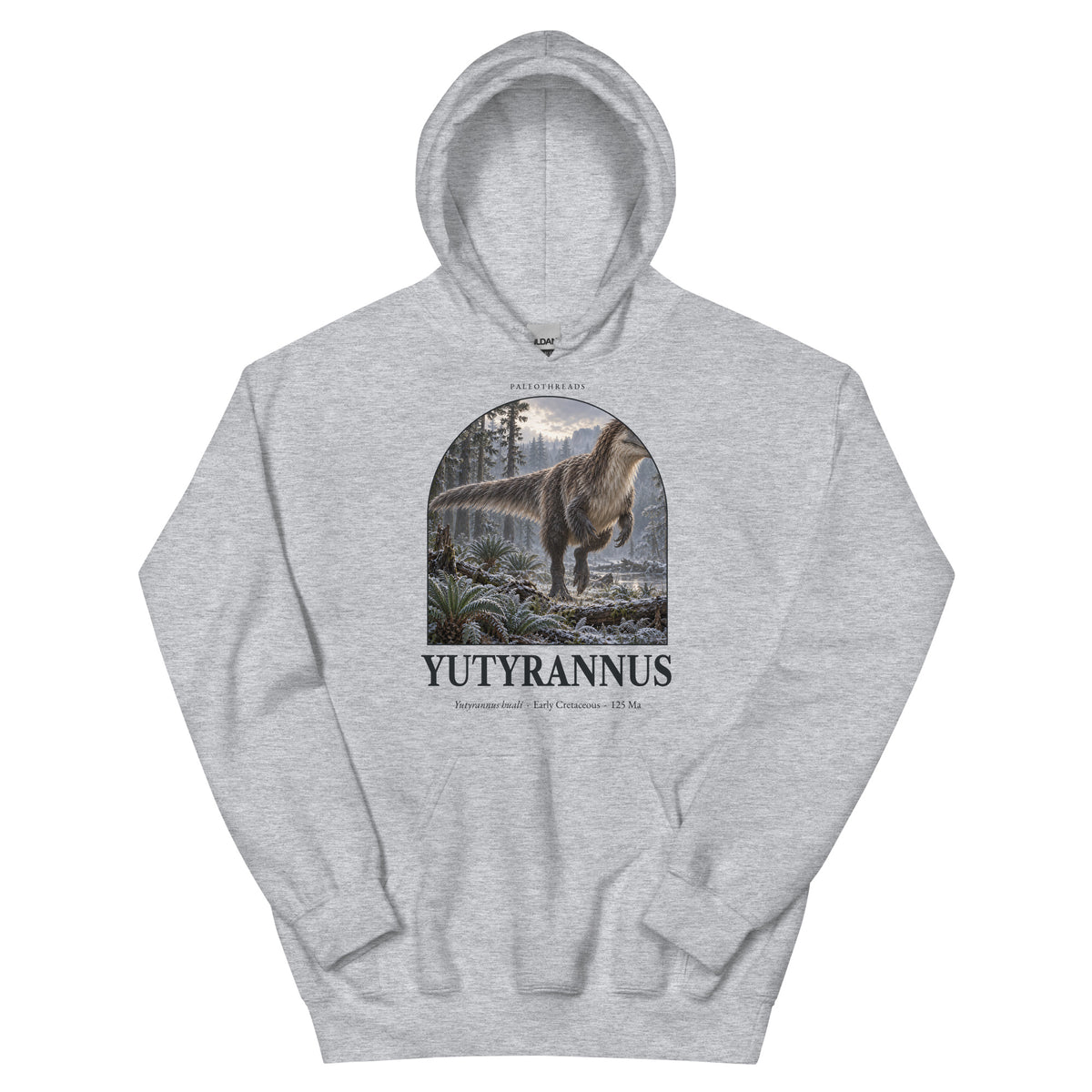 Yutyrannus hoodie in Sport Grey — Deep Time Atlas Plate 025, PaleoThreads