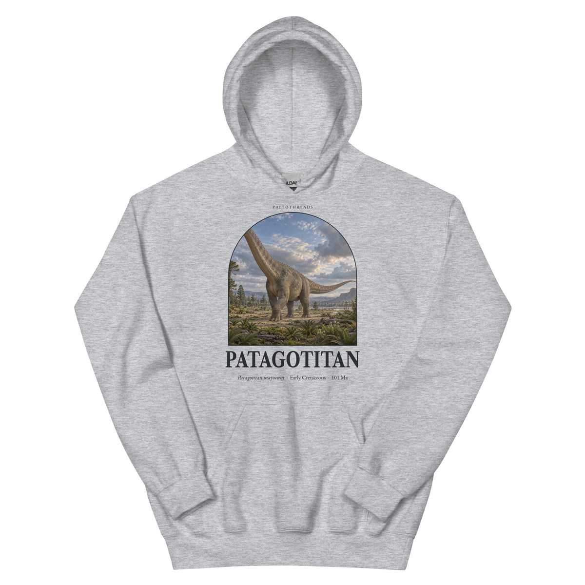 Patagotitan hoodie in Sport Grey — Deep Time Atlas Plate 049, PaleoThreads