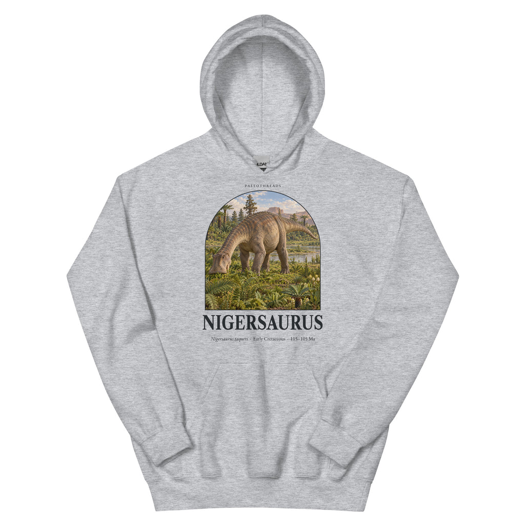 Nigersaurus hoodie in Sport Grey — Deep Time Atlas Plate 056, PaleoThreads