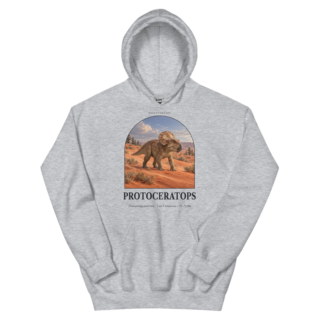 Protoceratops hoodie in Sport Grey — Deep Time Atlas Plate 060, PaleoThreads