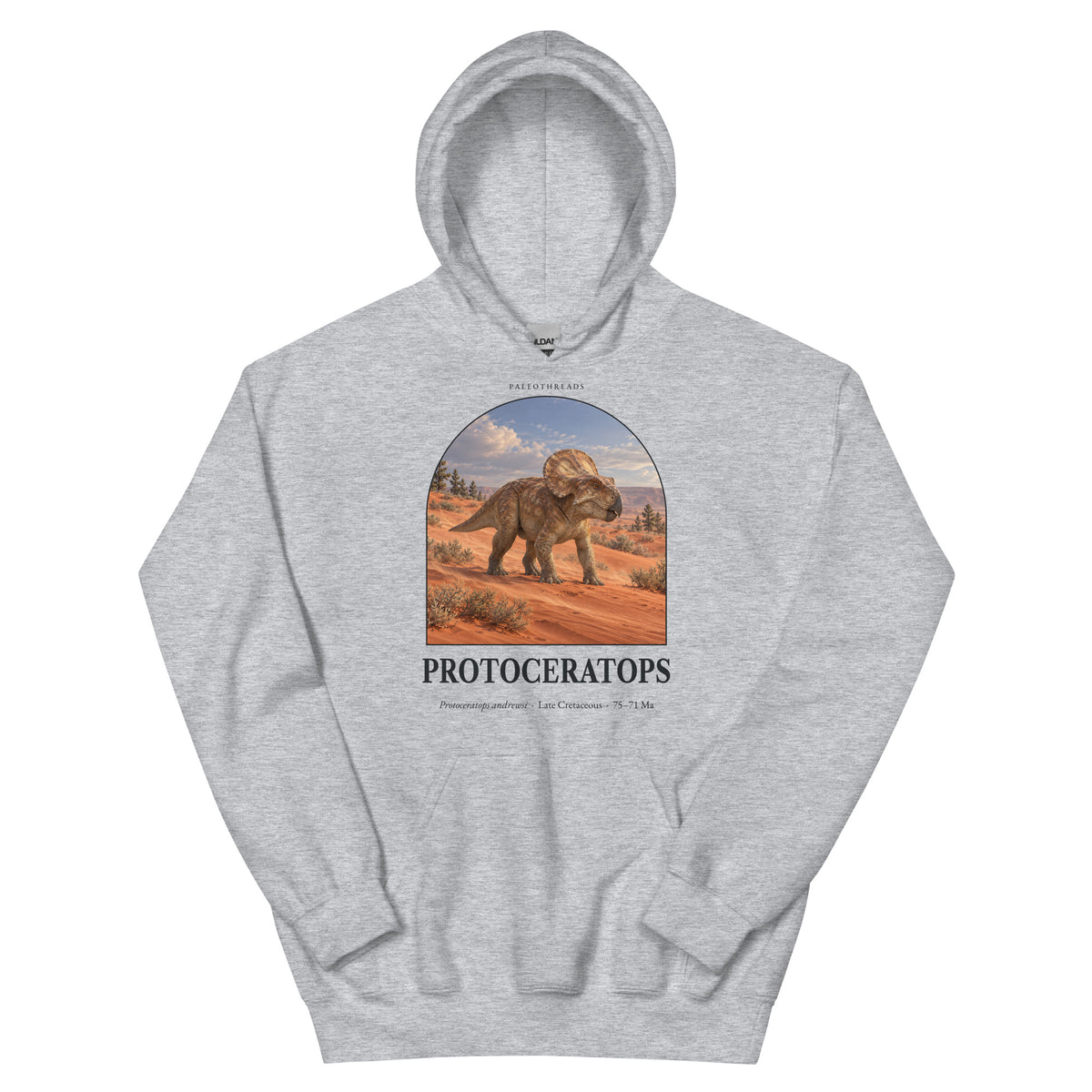 Protoceratops hoodie in Sport Grey — Deep Time Atlas Plate 060, PaleoThreads
