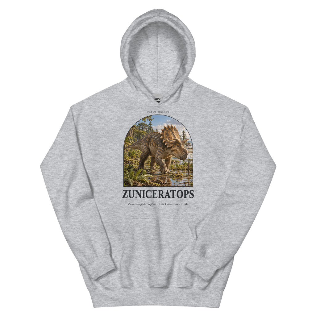 Zuniceratops hoodie in Sport Grey — Deep Time Atlas Plate 070, PaleoThreads
