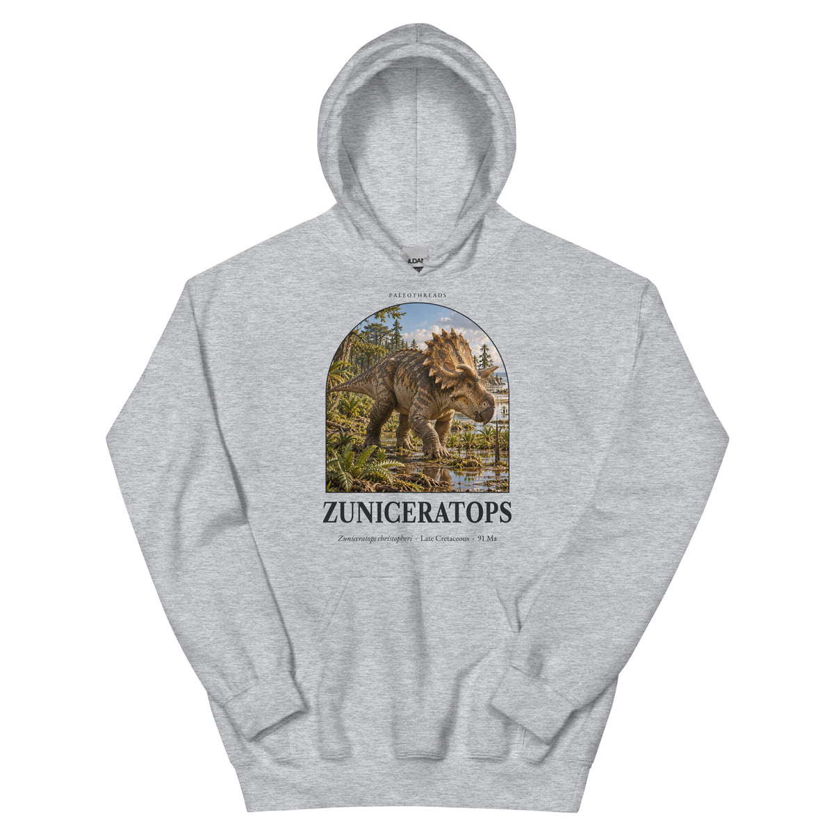 Zuniceratops hoodie in Sport Grey — Deep Time Atlas Plate 070, PaleoThreads