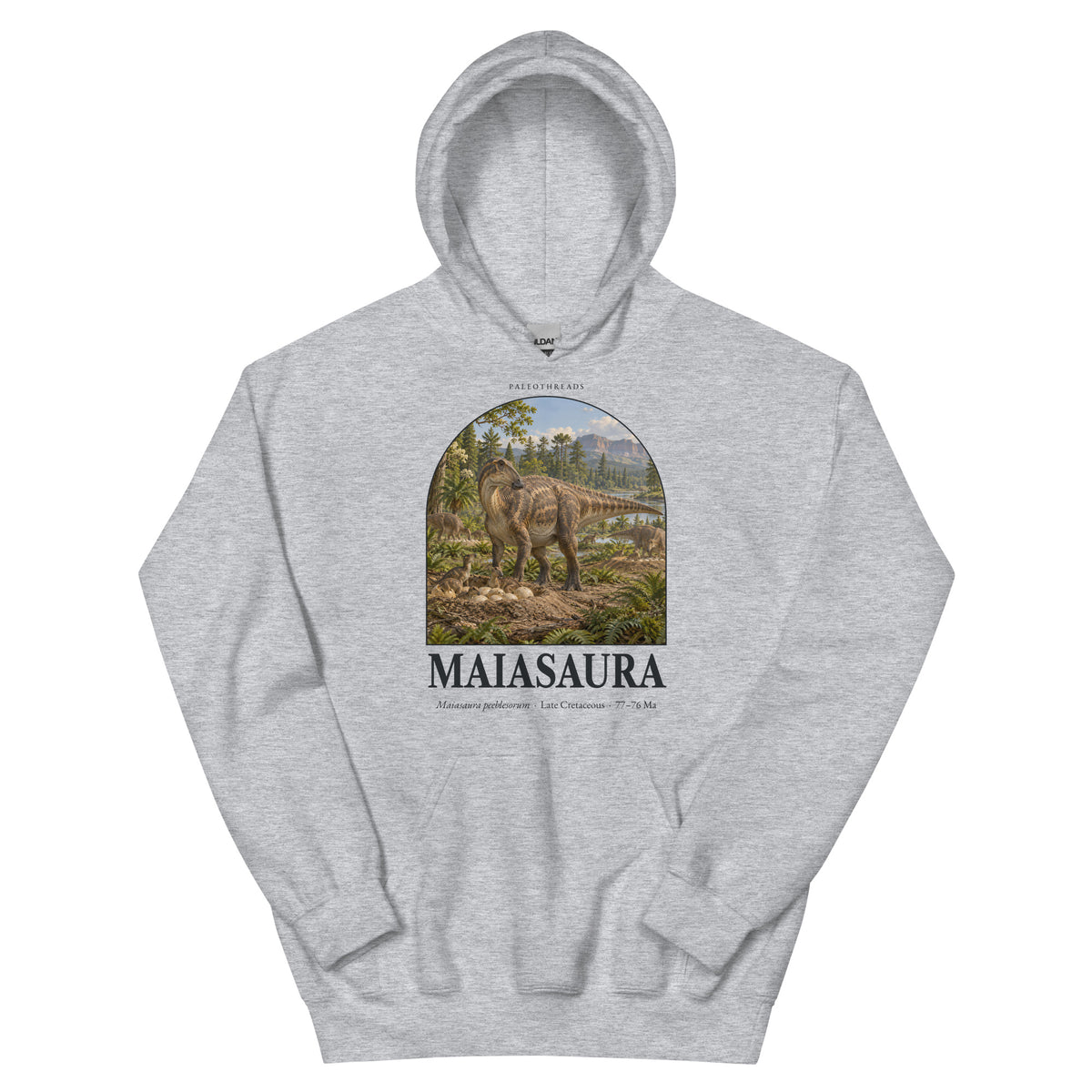Maiasaura hoodie in Sport Grey — Deep Time Atlas Plate 074, PaleoThreads