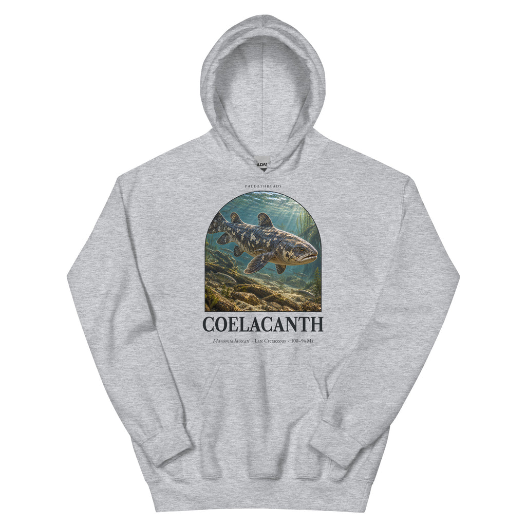 Coelacanth hoodie in Sport Grey — Deep Time Atlas Plate 156, PaleoThreads