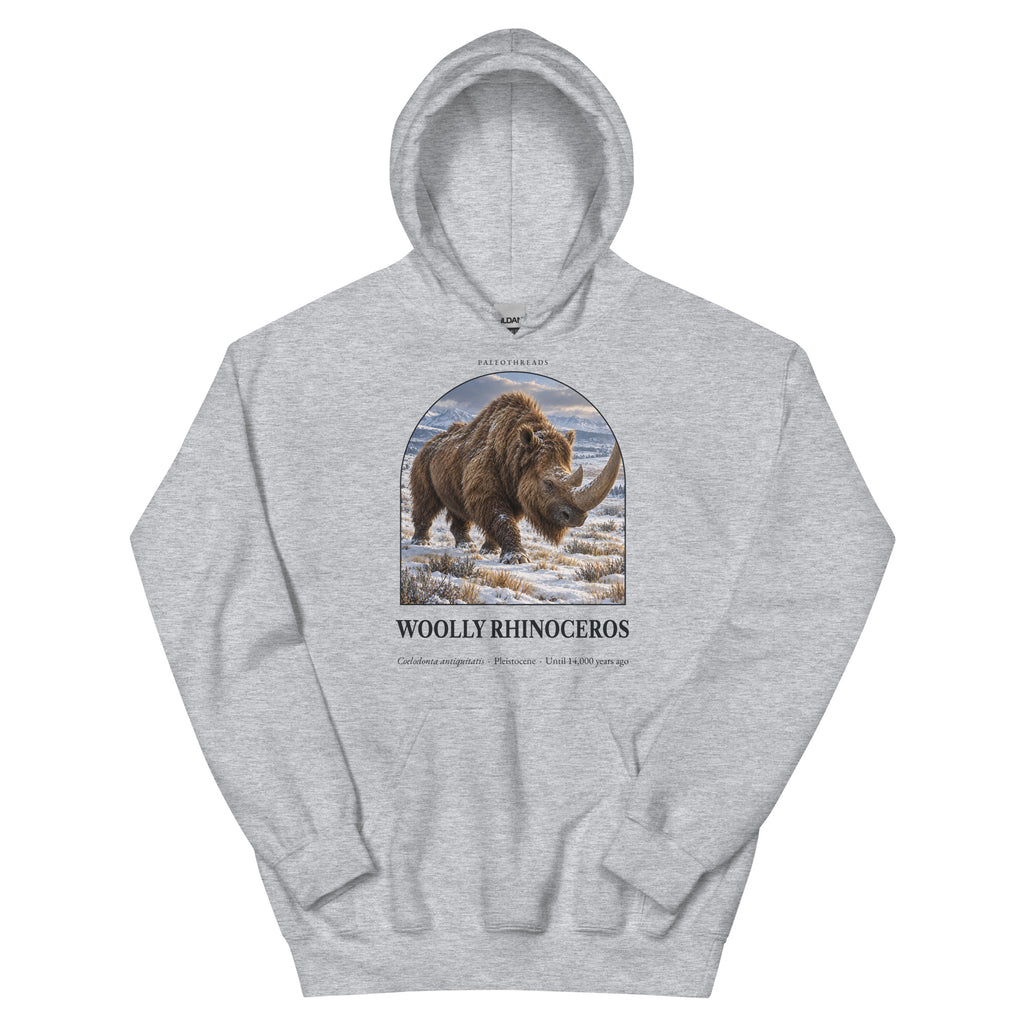Woolly rhinoceros hoodie in Sport Grey — Deep Time Atlas Plate 157, PaleoThreads