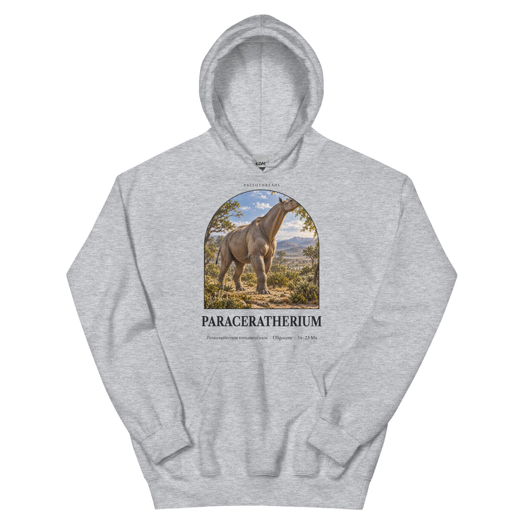 Paraceratherium hoodie in Sport Grey — Deep Time Atlas Plate 163, PaleoThreads