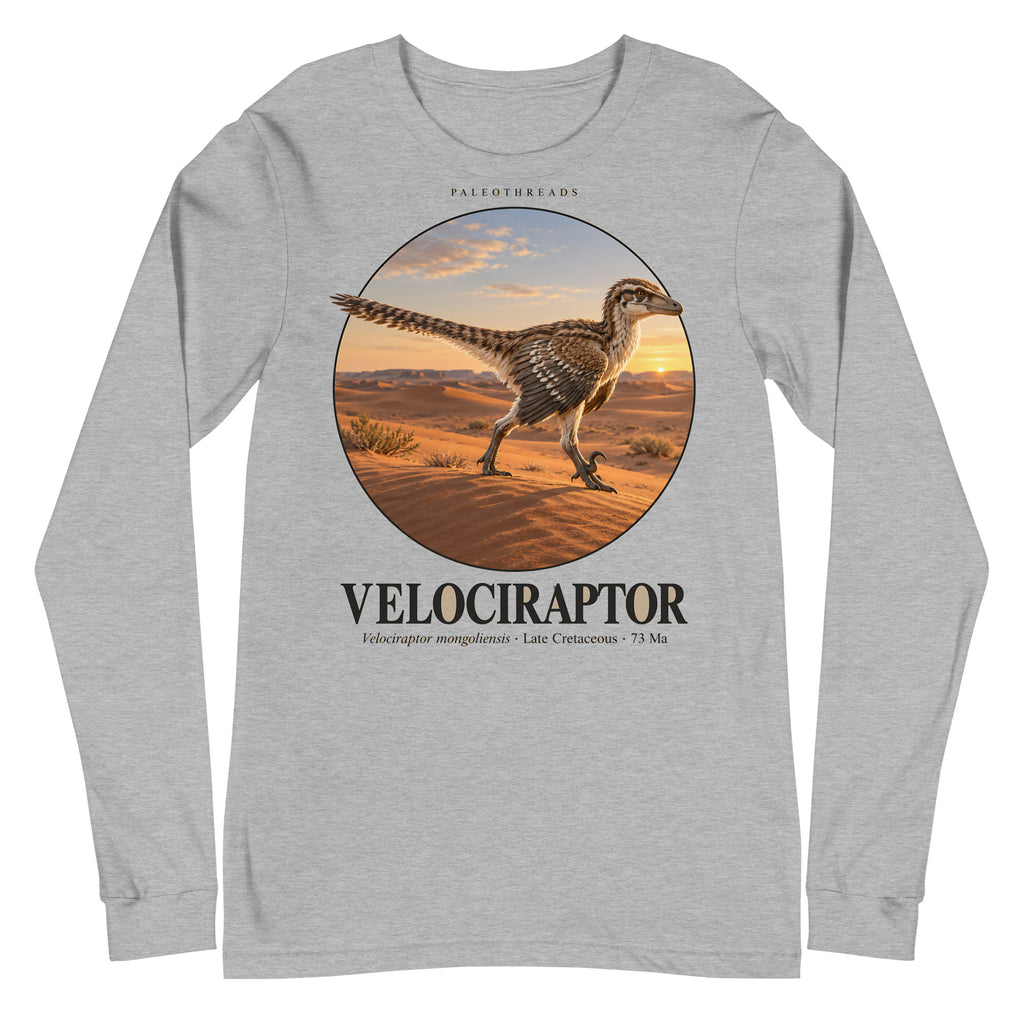 Velociraptor long sleeve tee in Athletic Heather — Deep Time Atlas Plate 005, PaleoThreads