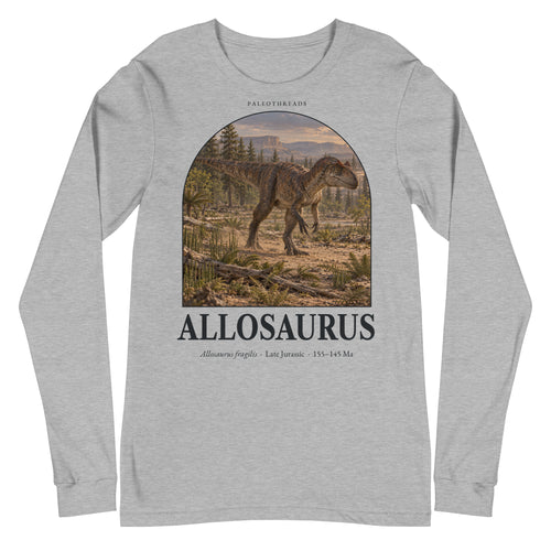Allosaurus long sleeve tee in Athletic Heather — Deep Time Atlas Plate 011, PaleoThreads
