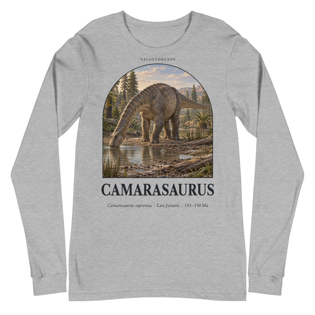 Camarasaurus long sleeve tee in Athletic Heather — Deep Time Atlas Plate 050, PaleoThreads