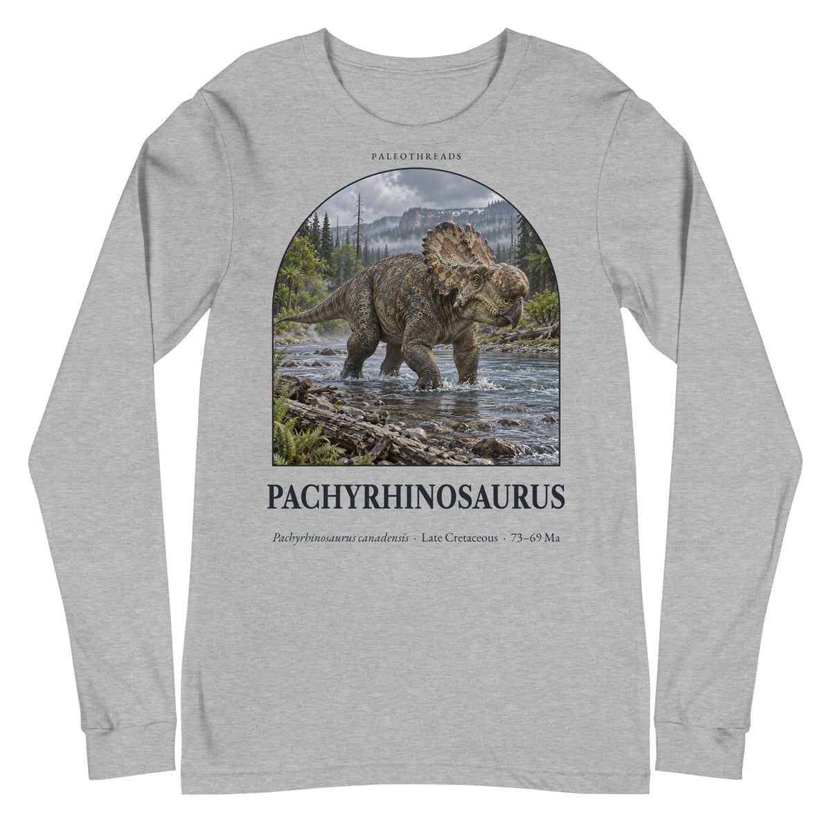 Pachyrhinosaurus long sleeve tee in Athletic Heather — Deep Time Atlas Plate 061, PaleoThreads