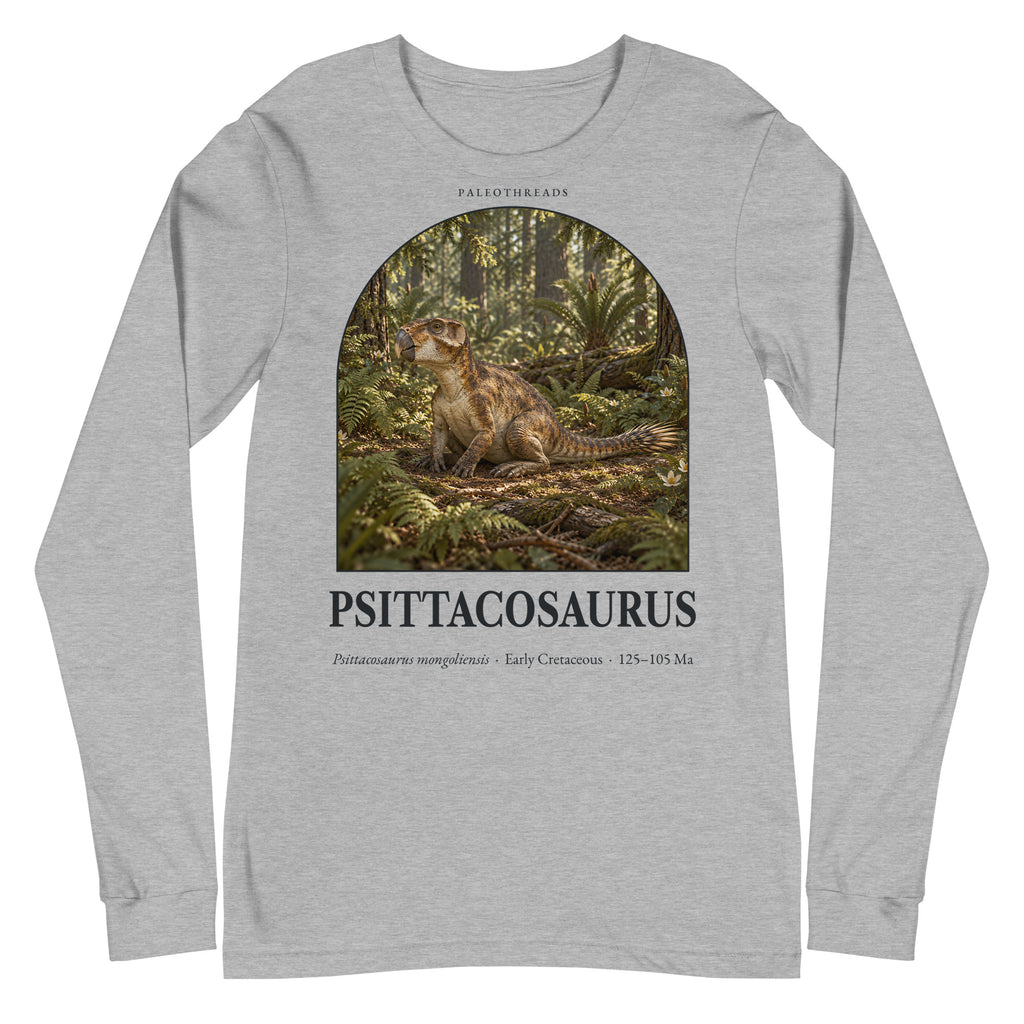 Psittacosaurus long sleeve tee in Athletic Heather — Deep Time Atlas Plate 065, PaleoThreads