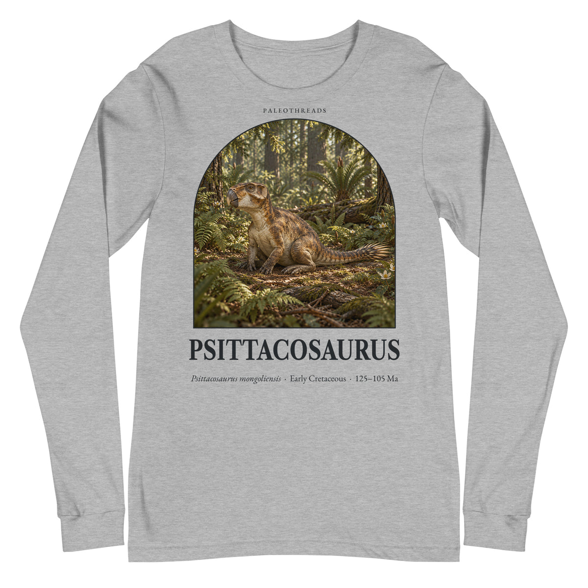 Psittacosaurus long sleeve tee in Athletic Heather — Deep Time Atlas Plate 065, PaleoThreads
