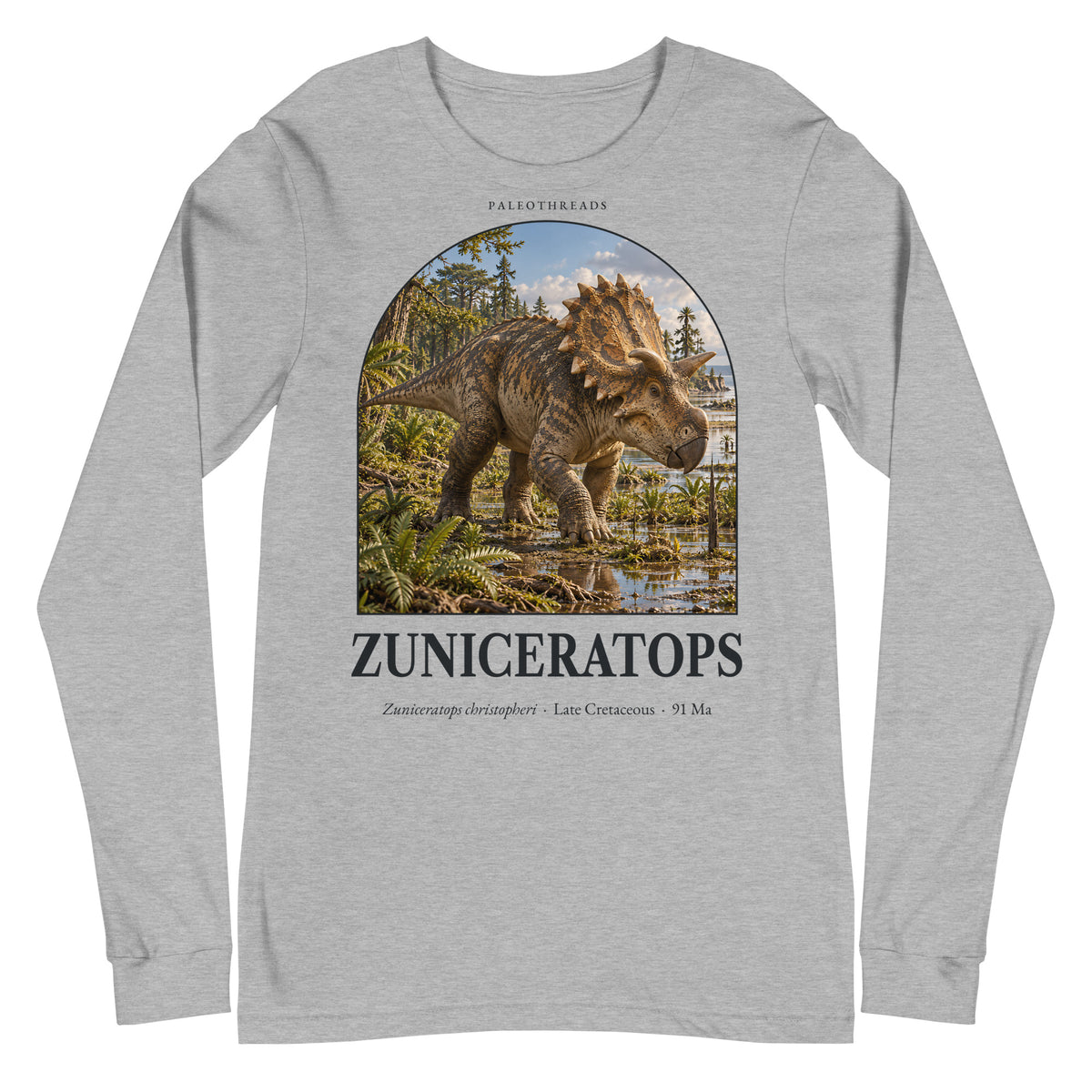 Zuniceratops long sleeve tee in Athletic Heather — Deep Time Atlas Plate 070, PaleoThreads