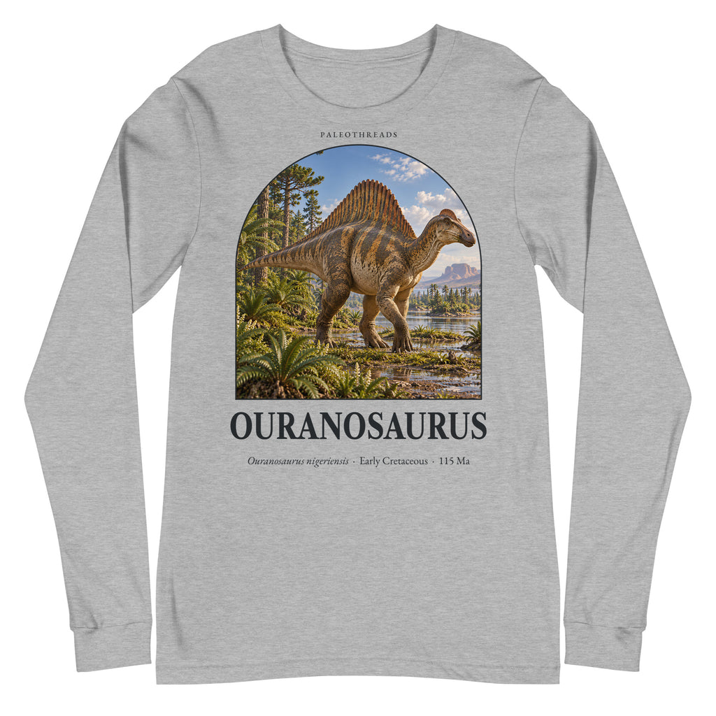 Ouranosaurus long sleeve tee in Athletic Heather — Deep Time Atlas Plate 078, PaleoThreads