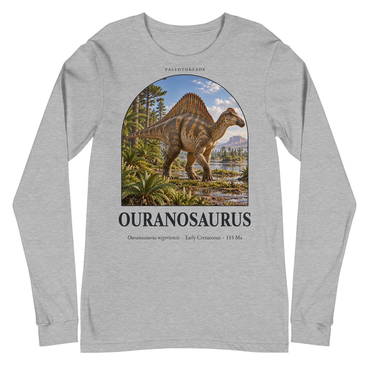 Ouranosaurus long sleeve tee in Athletic Heather — Deep Time Atlas Plate 078, PaleoThreads