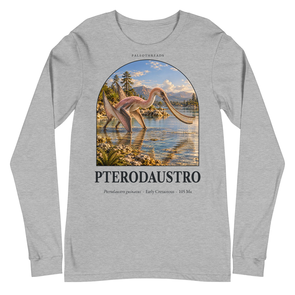 Pterodaustro long sleeve tee in Athletic Heather — Deep Time Atlas Plate 105, PaleoThreads