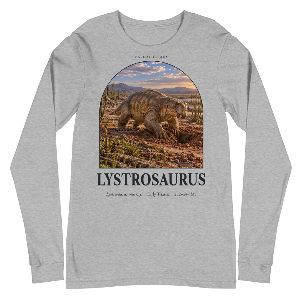 Lystrosaurus long sleeve tee in Athletic Heather — Deep Time Atlas Plate 136, PaleoThreads