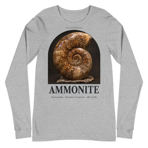 Ammonite specimen long sleeve tee in Athletic Heather — Deep Time Atlas Plate 172, PaleoThreads