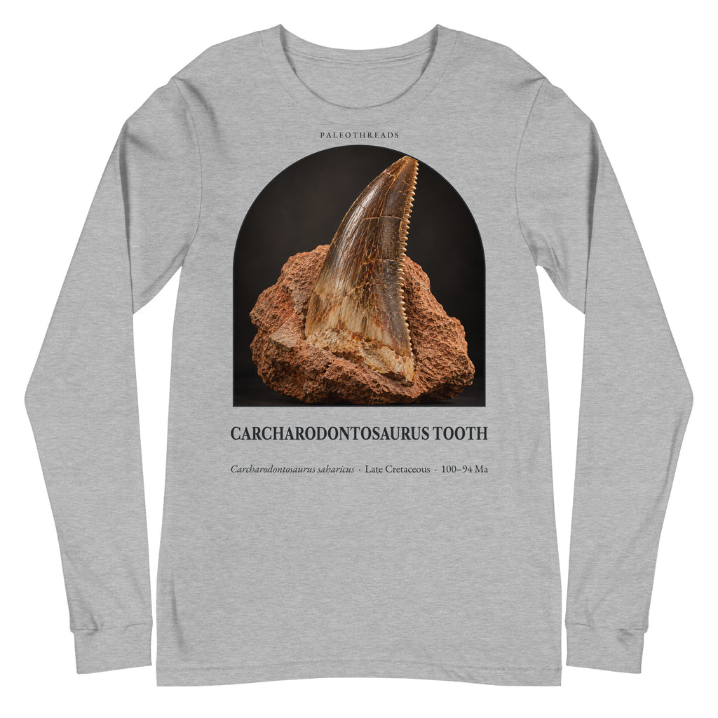 Carcharodontosaurus tooth specimen long sleeve tee in Athletic Heather — Deep Time Atlas Plate 175, PaleoThreads