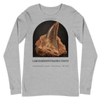 Carcharodontosaurus tooth specimen long sleeve tee in Athletic Heather — Deep Time Atlas Plate 175, PaleoThreads