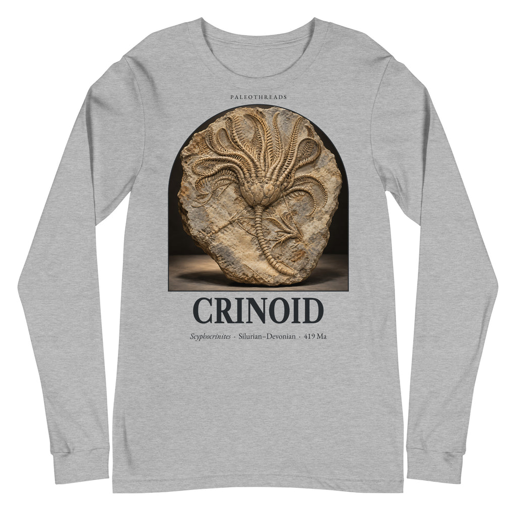 Crinoid specimen long sleeve tee in Athletic Heather — Deep Time Atlas Plate 179, PaleoThreads