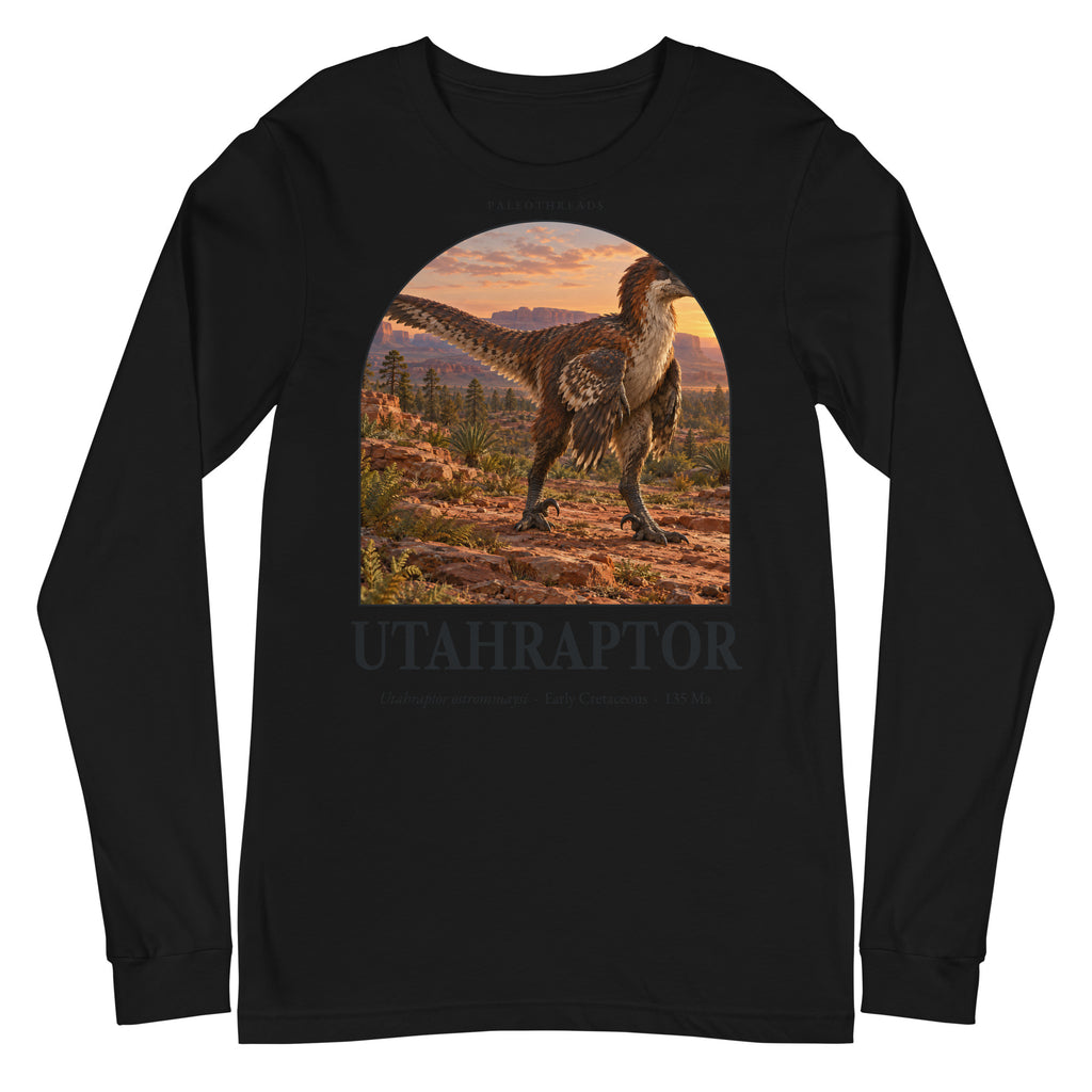 Utahraptor long sleeve tee in Black — Deep Time Atlas Plate 018, PaleoThreads