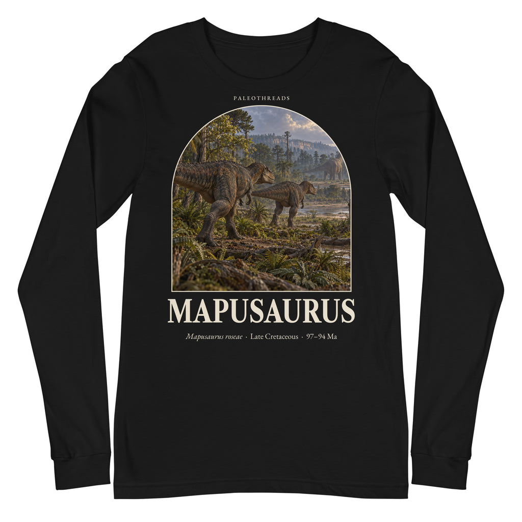 Mapusaurus long sleeve tee in Black — Deep Time Atlas Plate 038, PaleoThreads