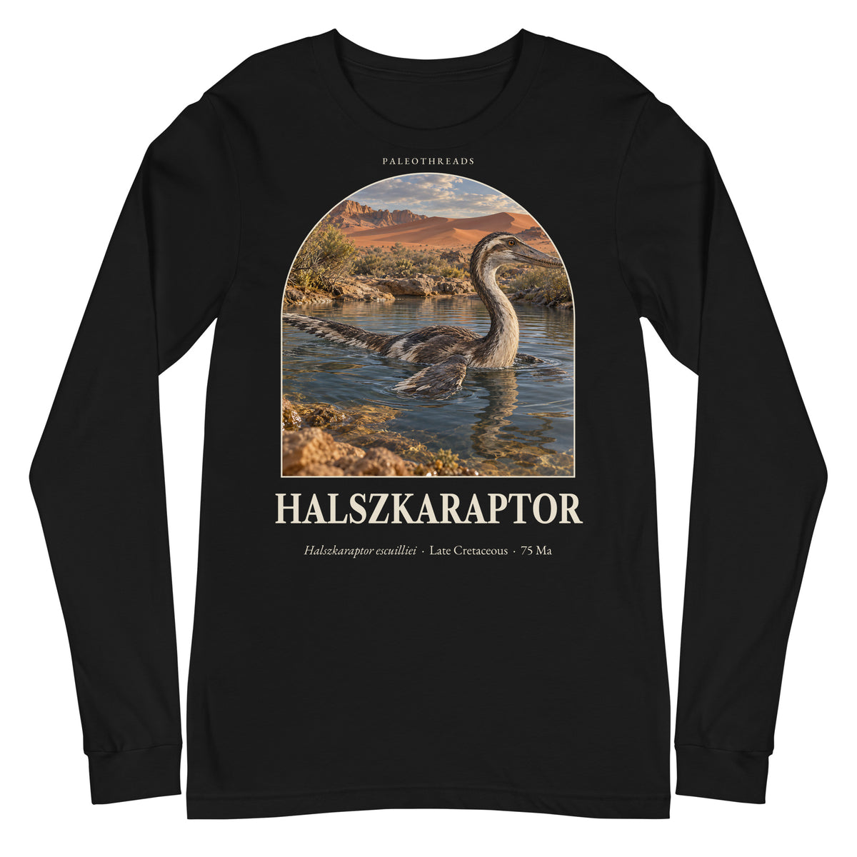 Halszkaraptor long sleeve tee in Black — Deep Time Atlas Plate 040, PaleoThreads