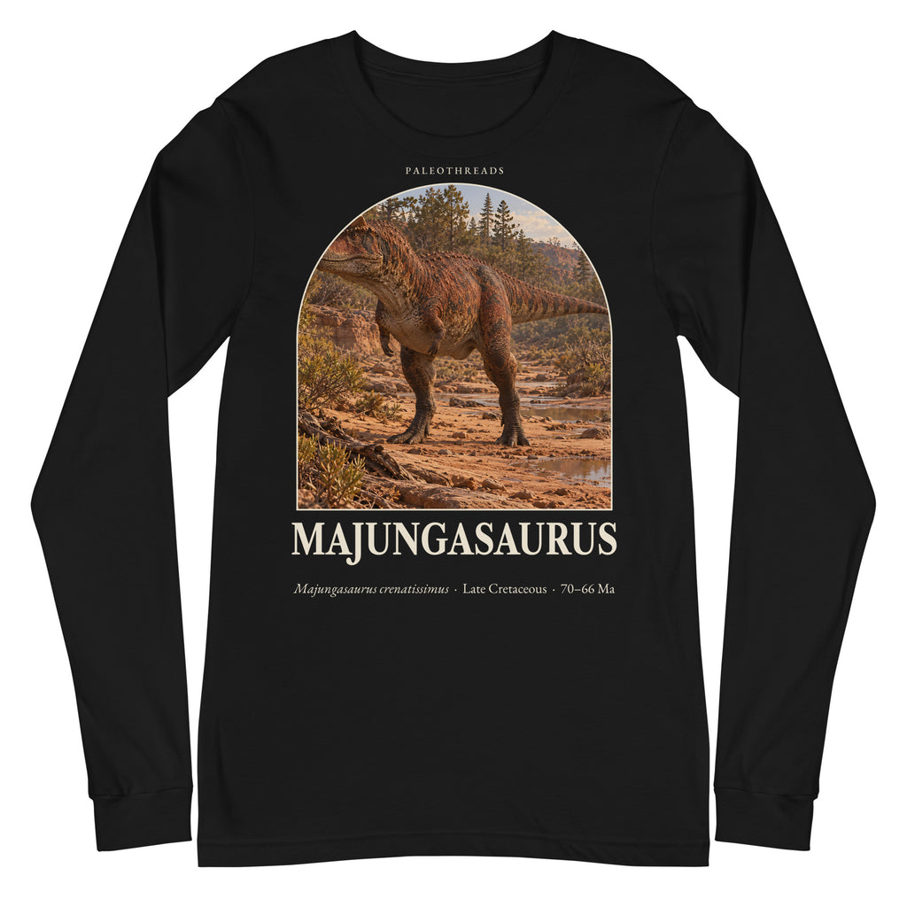 Majungasaurus long sleeve tee in Black — Deep Time Atlas Plate 039, PaleoThreads