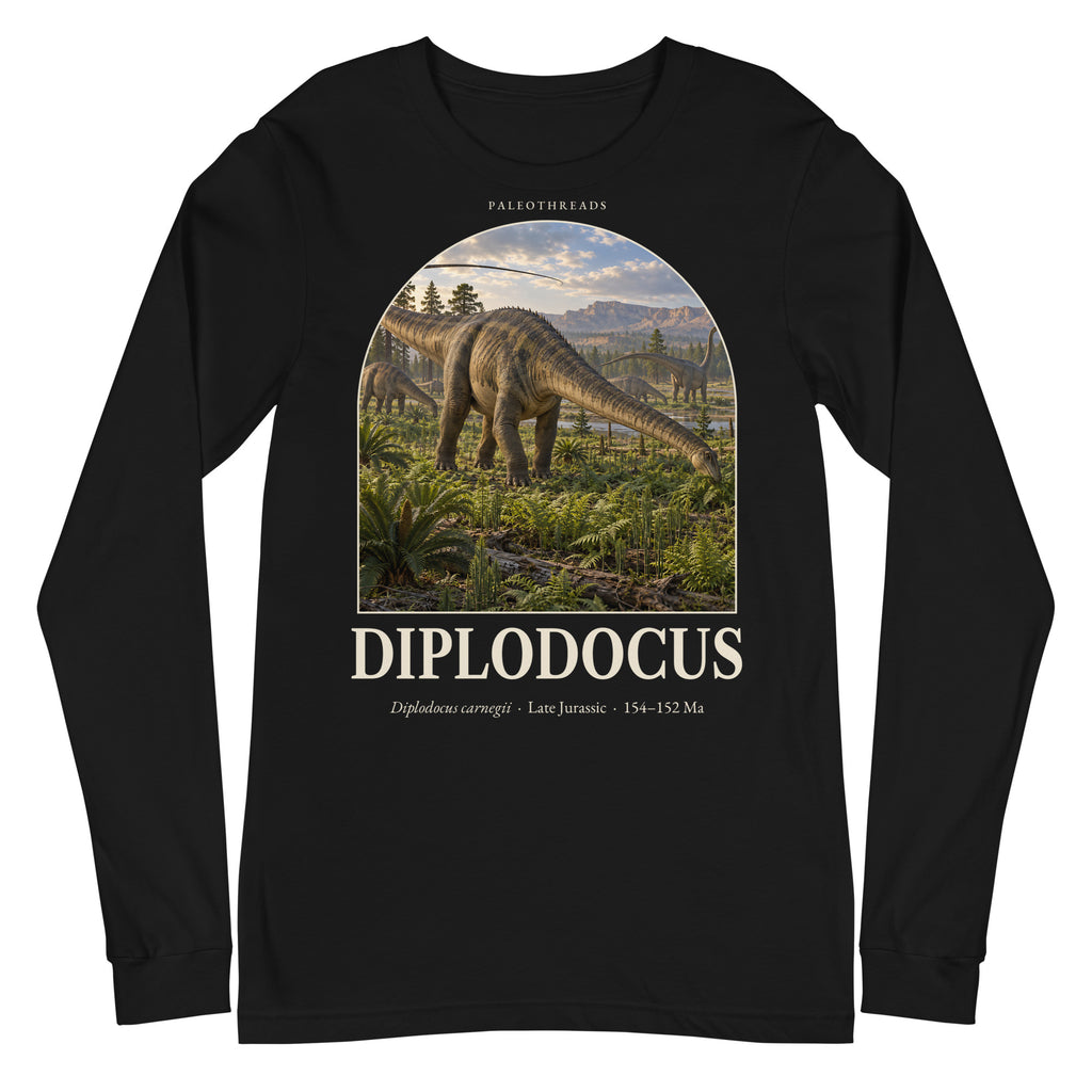 Diplodocus long sleeve tee in Black — Deep Time Atlas Plate 045, PaleoThreads