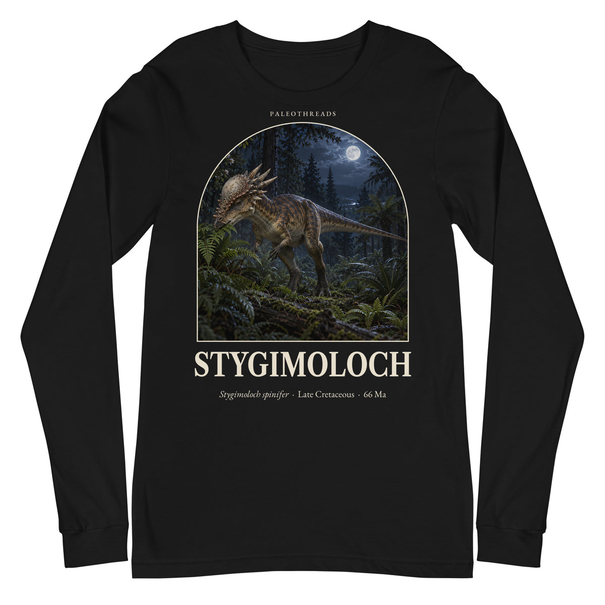 Stygimoloch long sleeve tee in Black — Deep Time Atlas Plate 044, PaleoThreads