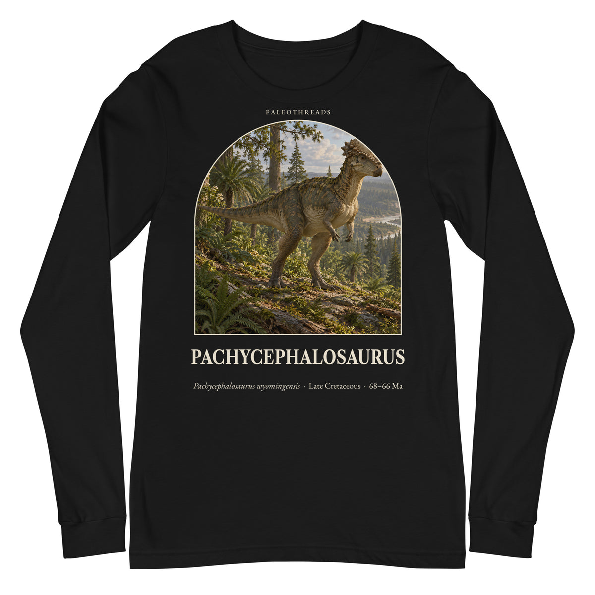 Pachycephalosaurus long sleeve tee in Black — Deep Time Atlas Plate 043, PaleoThreads