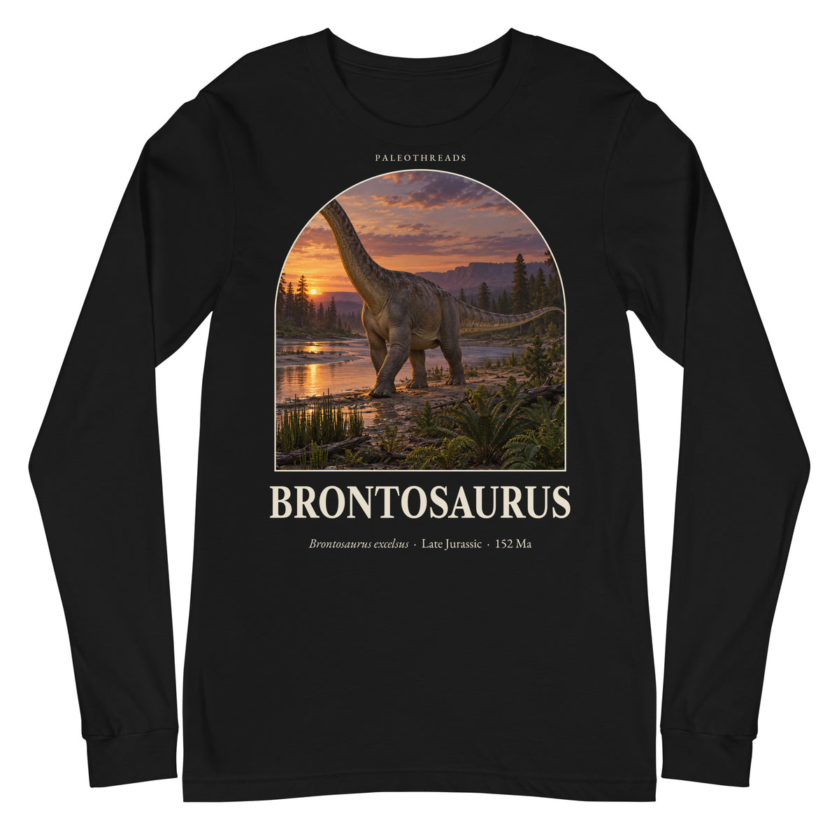 Brontosaurus long sleeve tee in Black — Deep Time Atlas Plate 047, PaleoThreads