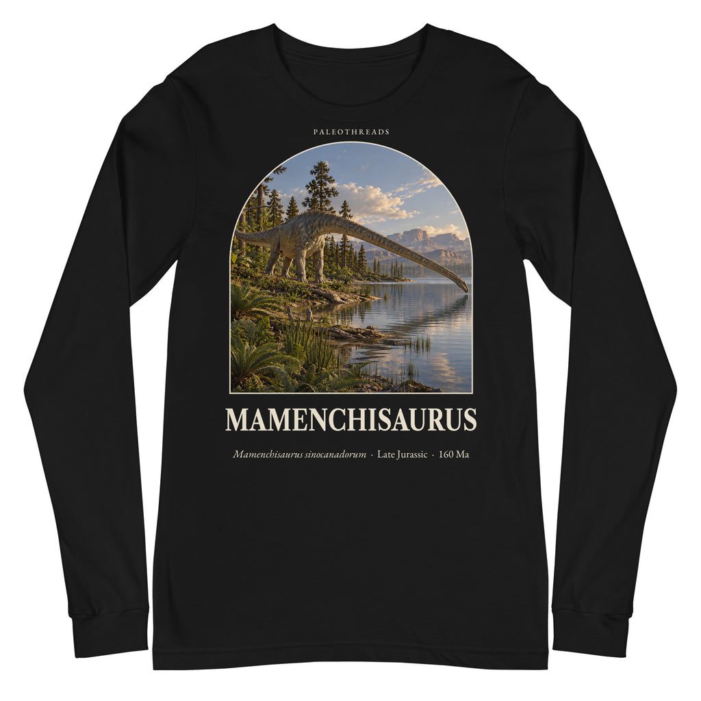 Mamenchisaurus long sleeve tee in Black — Deep Time Atlas Plate 052, PaleoThreads