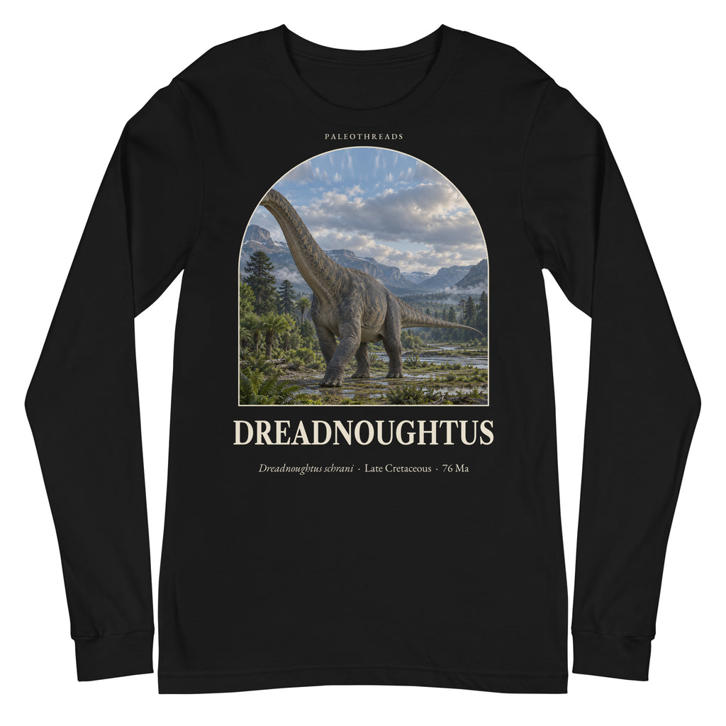 Dreadnoughtus long sleeve tee in Black — Deep Time Atlas Plate 055, PaleoThreads