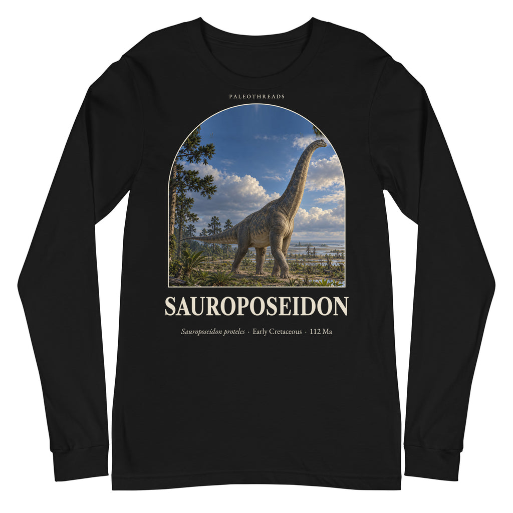 Sauroposeidon long sleeve tee in Black — Deep Time Atlas Plate 057, PaleoThreads